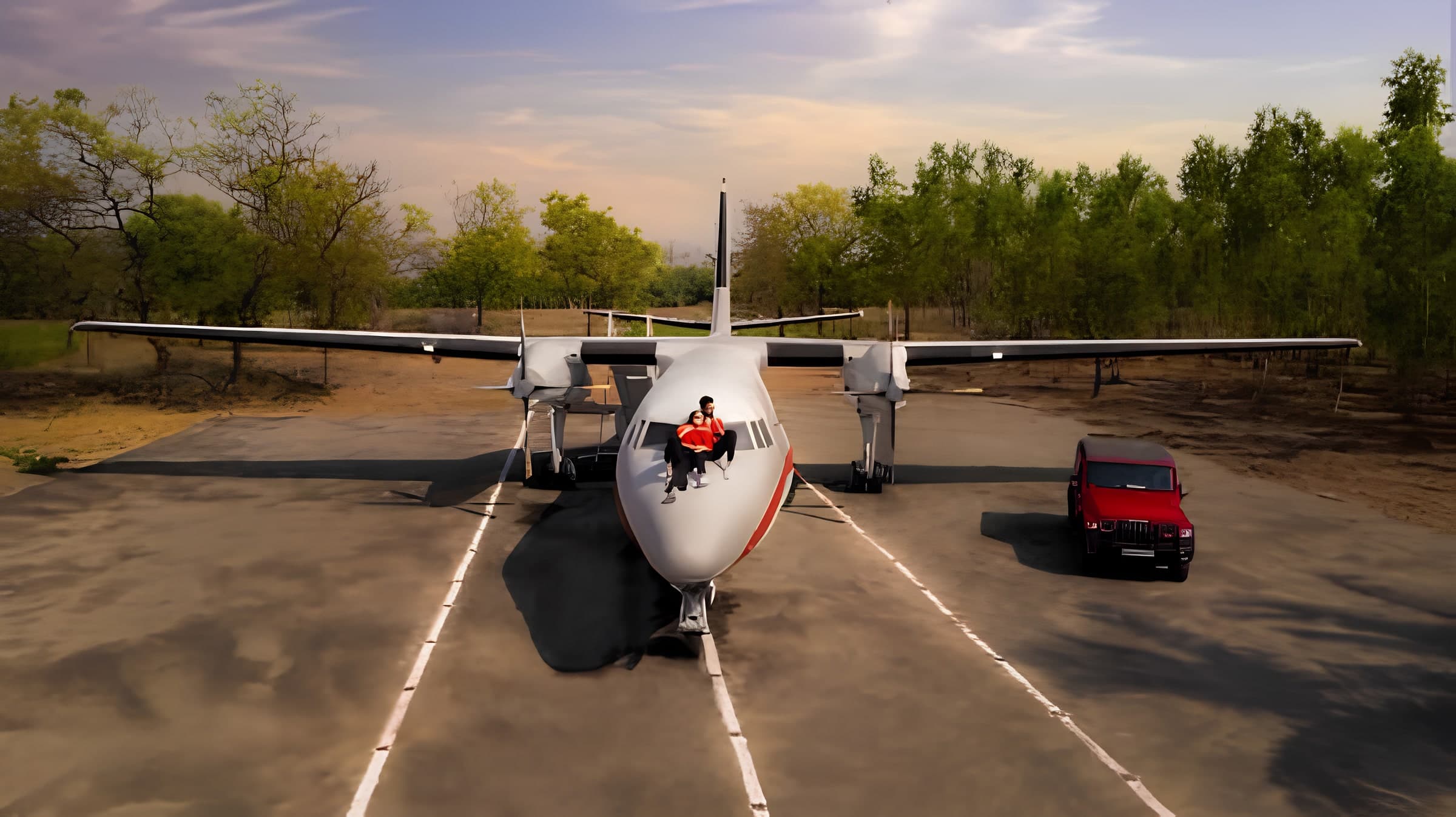 A twin-turboprop aircraft on a painted runway apron at Pixocity, Surat, with a red SUV beside it