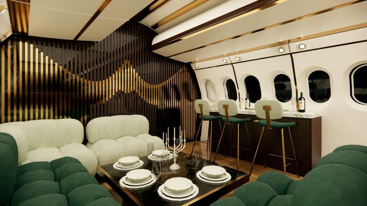 Aircraft cabin restaurant design: emerald banquettes and a bar counter against a gold-slatted wall