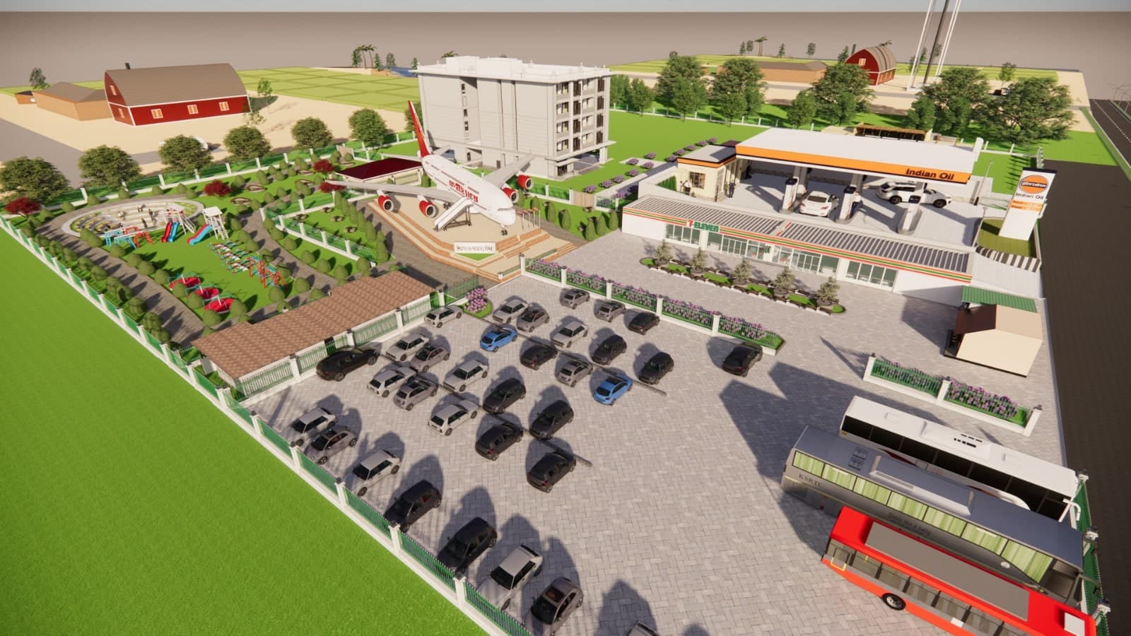 Wings of Hazarika masterplan: aerial view of the complex with the aircraft on its plinth, restaurant, fuel station and parking