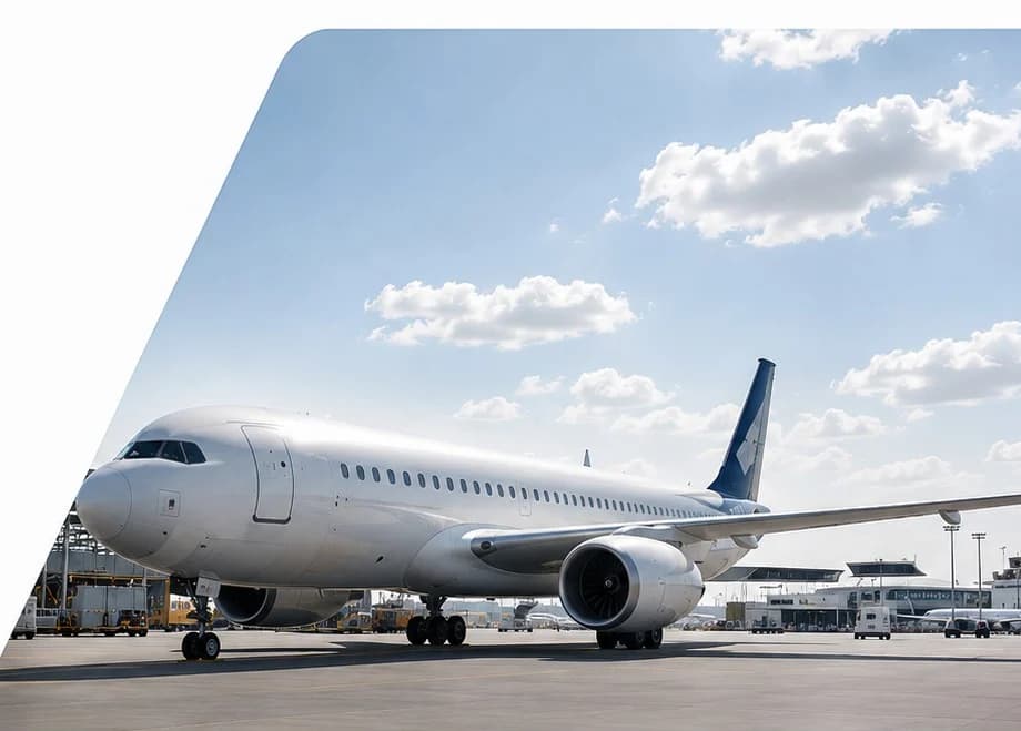 A white Airbus A320 on an airport apron on a clear day, with terminal buildings behind