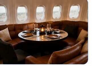 A dining table and chairs by the windows of an aircraft restaurant cabin