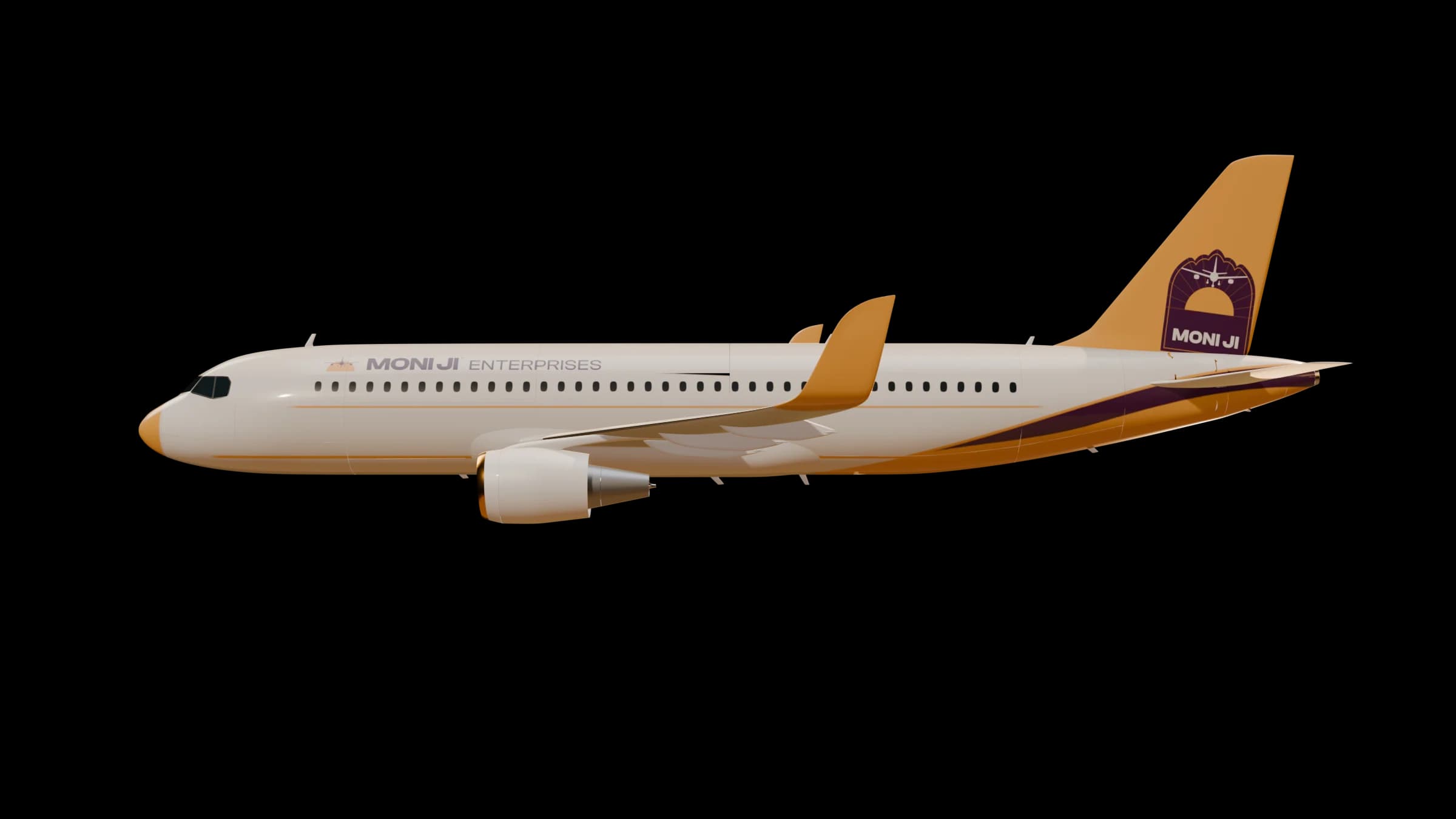 Side view of the Moni Ji A320 in its white, amber and aubergine livery
